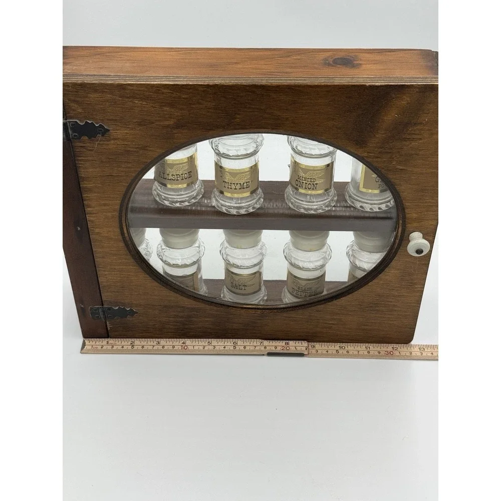 Antique‎ Wood Spice Cabinet Rack w/ 10 Glass Jars & Lids